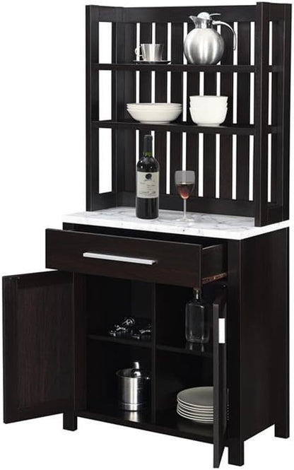 Pemberly Row Wine Bar w/Cabinet in Espresso Wood w/White Faux Marble Top