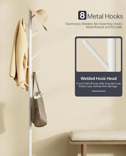 Coat Rack with 8 Hooks, 3 Adjustable Heights, Modern Hall Tree, Sturdy Metal Clothes Stand with Sintered Stone Base for Entryway, Office, Bedroom, for Coats, Hats, Handbags and Scarves, White