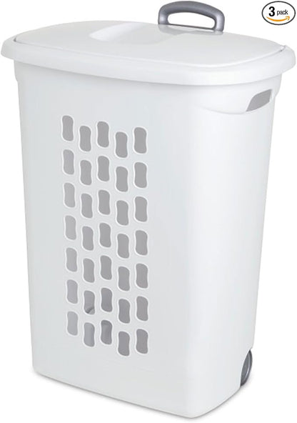 Sterilite 6-Pack Ultra Wheeled Hamper, Laundry Basket w/Flip-Top Lid & Retractable Handle - Plastic Rolling Clothes Storage Cart with Ventilated Holes for Home, Apartment or Dorm