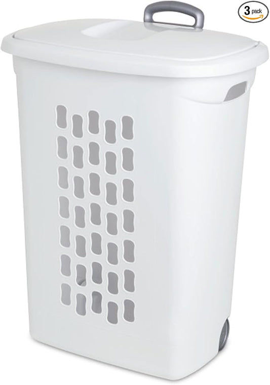 Sterilite 6-Pack Ultra Wheeled Hamper, Laundry Basket w/Flip-Top Lid & Retractable Handle - Plastic Rolling Clothes Storage Cart with Ventilated Holes for Home, Apartment or Dorm