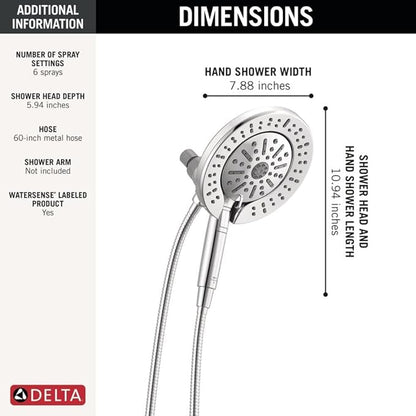 Delta 6-Setting In2ition 2-in-1 Dual Shower Head with Handheld High Pressure ProClean Spray, Chrome Detachable Shower Head with Hose, 1.75 GPM Flow Rate, Chrome 75655