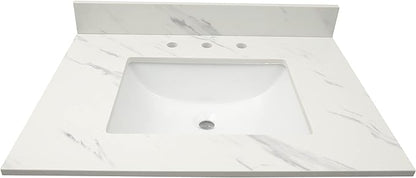 MSI Calacatta Lumas Vanity Top with Under Mount Rectangle Ceramic Sinks, Engineered Marble Stone, 4" CC Faucet Holes, 31"X22"