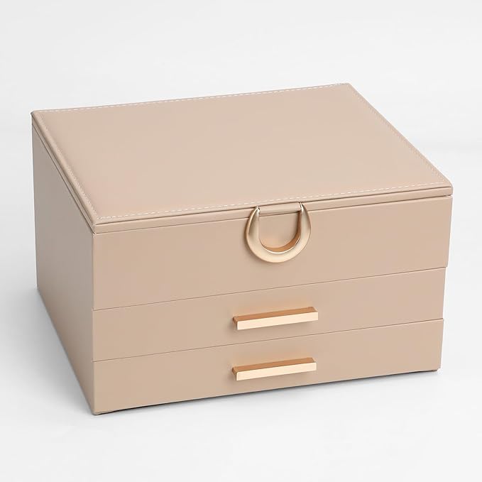 Leather Jewelry Box Premium 3-Layer Jewelry Case with Mirror - Scratch-Resistant Storage for Earrings, Rings, Necklaces, Ideal Gift for Women Apricot