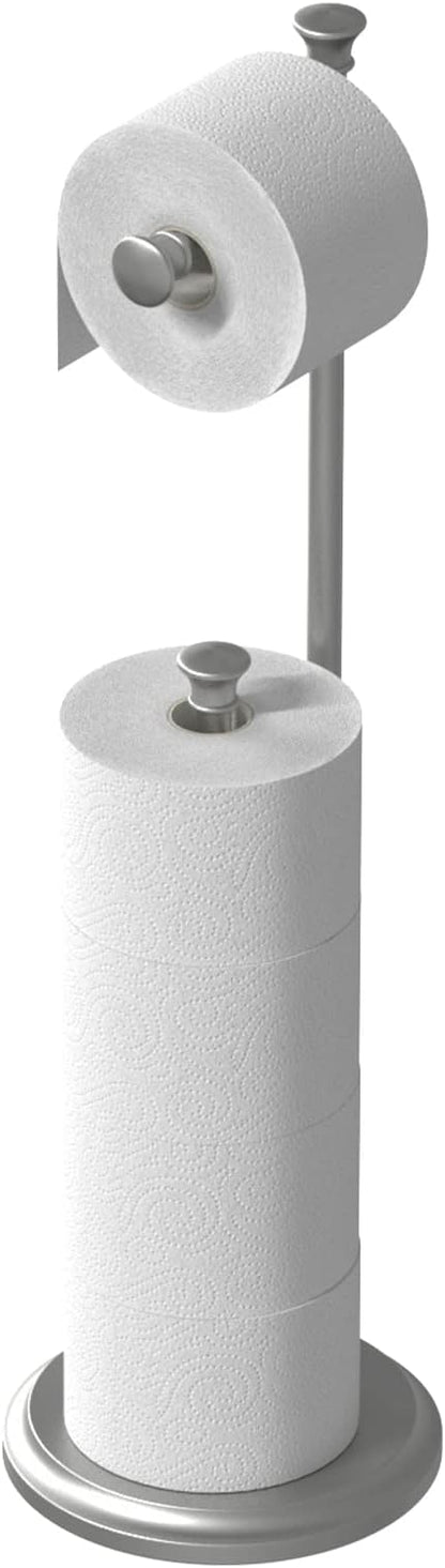 Free Standing Toilet Paper Holder Stand Brushed Nickel Toilet Roll Stand Bathroom Tissue Rack with Storage Reserves 5 Mega Rolls