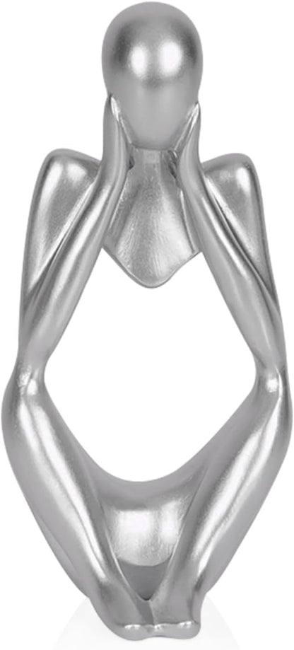 Sandstone Resin Thinker Style Abstract Sculpture Statue Collectible Figurines Home Office Bookshelf Desktop Decor (Small Silver, Focus)