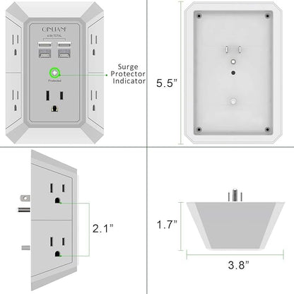 USB Wall Charger, Surge Protector, QINLIANF 5 Outlet Extender with 4 USB Charging Ports (4.8A Total) 3-Sided 1680J Power Strip Multi Plug Outlets Wall Adapter Spaced for Home Travel Office(3U1C),Grey