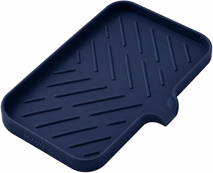 MicoYang Silicone Soap Dish with Drain Spout — Self-Draining Sink Organizer Tray for Bathroom & Kitchen, Sponges, Dispensers & Soap Holder, Non-Slip & Dishwasher Safe, Navy Blue (Medium, 9.6"×5.3")