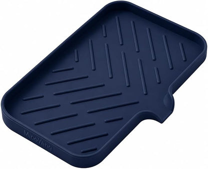 MicoYang Silicone Soap Dish with Drain Spout — Self-Draining Sink Organizer Tray for Bathroom & Kitchen, Sponges, Dispensers & Soap Holder, Non-Slip & Dishwasher Safe, Navy Blue (Medium, 9.6"×5.3")