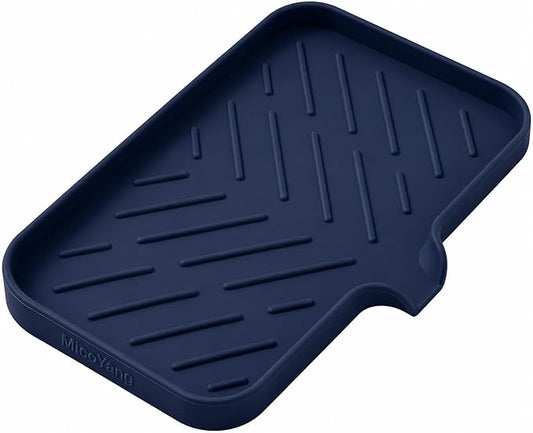 MicoYang Silicone Soap Dish with Drain Spout — Self-Draining Sink Organizer Tray for Bathroom & Kitchen, Sponges, Dispensers & Soap Holder, Non-Slip & Dishwasher Safe, Navy Blue (Medium, 9.6"×5.3")