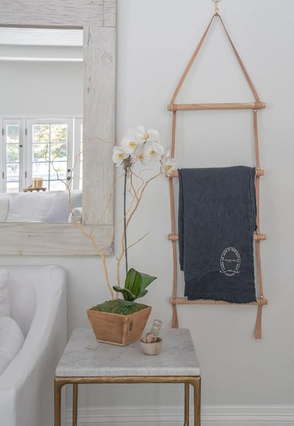 Decorative Wooden Wall Hanging Ladder with Leather Straps – Rustic Towel and Blanket Rack for Bathroom, Living Room, or Entryway Display