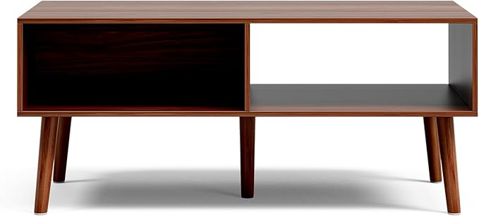LCRBOL Coffee Table with Storage, Mid Century Dining Table with Fluted Drawer and Solid Wood Legs, Small Coffee Tables for Living Room, Walnut