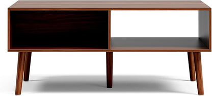 LCRBOL Coffee Table with Storage, Mid Century Dining Table with Fluted Drawer and Solid Wood Legs, Small Coffee Tables for Living Room, Walnut