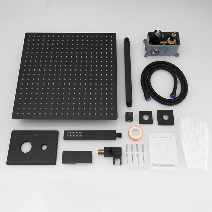12 Inch Matte Black Ceiling Mount Shower System Bathroom Luxury Rain Mixer Shower Combo Set Ceiling Rainfall Shower Head System Faucet Contain Rough-in Valve and Trim Included