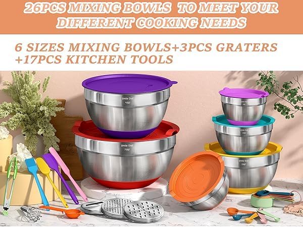 Umite Chef Thickened Heavy-Duty 26pcs Stainless Steel Bowl, Mixing Bowl Set with Lid, Grater Attachment, Colorful Non-Slip Bottom and Kitchen Gadget Set, Sizes 7, 4, 2.5, 2.0, 1.5, 1QT