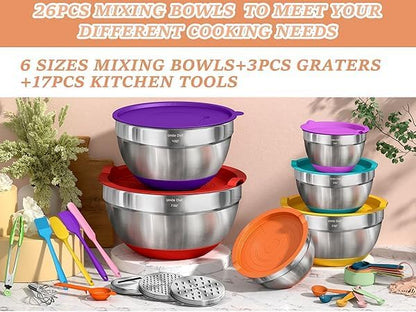 Umite Chef Thickened Heavy-Duty 26pcs Stainless Steel Bowl, Mixing Bowl Set with Lid, Grater Attachment, Colorful Non-Slip Bottom and Kitchen Gadget Set, Sizes 7, 4, 2.5, 2.0, 1.5, 1QT