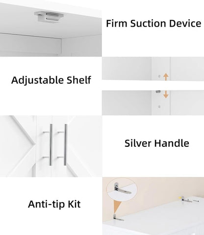 Akxomel Tall Bathroom Storage Cabinet, 11 x 22.8 x 63 Inches, Floor Cabinet with Barn Doors, Adjustable Shelf, Linen Pantry Cabinet for for Kitchen, Laundry Room, Living Room, Entryway, White