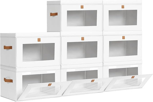 Homsorout Large Closet Storage Bins - Collapsible Clothes Organizer with Handles & Window, Decorative Boxes with Lids, Linen Closet Organizers for Living Room, Dorm, 8 Pack, White