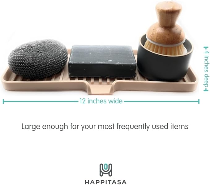 Happitasa Silicone Soap Dish Tray and Sponge Holder with Drain Chute | Bathroom and Kitchen Sink Organizer Caddy (Smoky Blue, 12"x4", 7.4 Ounces)