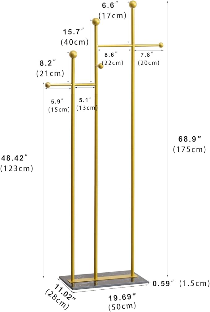 Standing Coat Rack with Marble Base Heavy Duty Clothes Hanger Rack Metal Coat Tree for Clothes Hats Scarfs Purses 19.69 x 11.02 x 68.9 Inches (Gold)