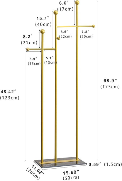 Standing Coat Rack with Marble Base Heavy Duty Clothes Hanger Rack Metal Coat Tree for Clothes Hats Scarfs Purses 19.69 x 11.02 x 68.9 Inches (Gold)