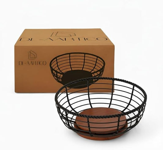 DE- AARTICO Wood and Iron Fruit Bowls Dishwasher Safe Basket Gift for Home Kitchen, Medium, Natural - 12"x12"x 5" INCHES