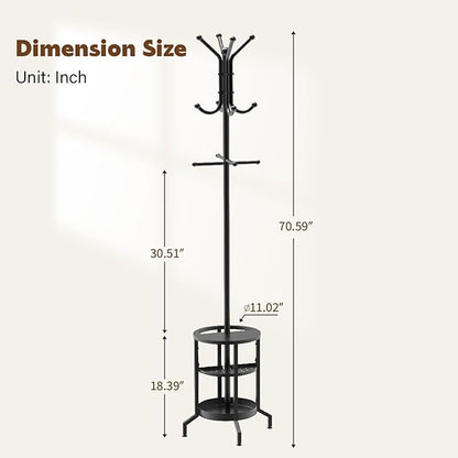 Coat Rack Freestanding, Coat Stand with Umbrella Holder, Metal Coat Tree with 12 Hooks, Coat Hanger Stand for Entryway, Coat Rack Stand for Bedroom, Living Room & Office