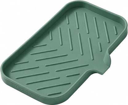 MicoYang Silicone Soap Dish with Drain Spout — Self-Draining Sink Organizer Tray for Bathroom & Kitchen, Sponges, Dispensers & Soap Holder, Non-Slip & Dishwasher Safe, Green (Medium, 9.6"×5.3")