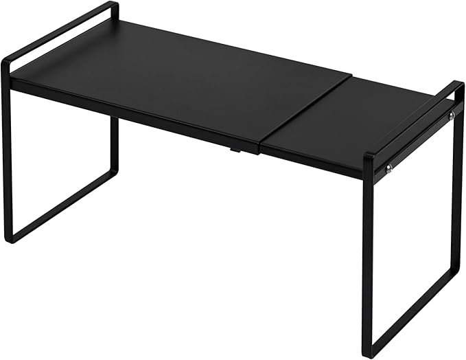 Nxconsu Cabinet Shelf Organizer Expandable, 8.6 Inch Deep Adjustable 13 to 24 Inch Metal Shelf Riser for Kitchen Pantry Cupboard Countertop Under Sink, Heavy Duty Stackable Storage Rack, Black