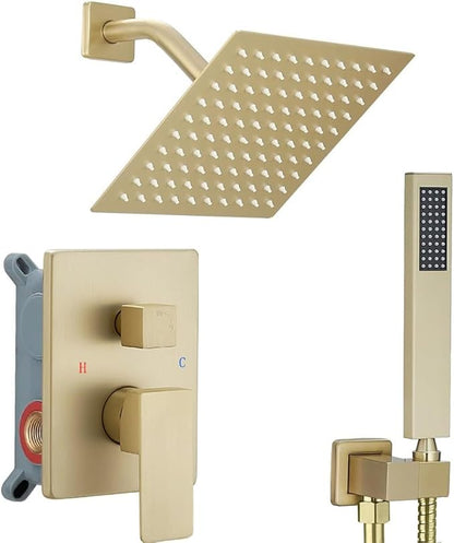 Brushed Gold Shower System 8 Inch Bathroom Luxury Rain Mixer Shower Combo Set Wall Mounted Rainfall Shower Head and Handheld System Shower Faucet Set Rough-in Valve Body and Trim Included