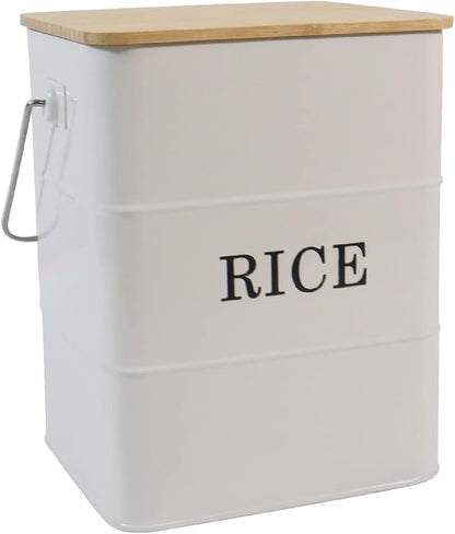 Rice Container Metal Rice Storage Bin, Rice Storage Box with Airtight Bamboo Lid & Scoop, Food Storage Container for Rice Flour Soybean Grain Cereal (White)