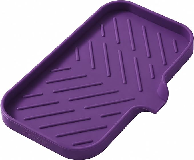 MicoYang Silicone Soap Dish with Drain Spout — Self-Draining Sink Organizer Tray for Bathroom & Kitchen, Sponges, Dispensers & Soap Holder, Non-Slip & Dishwasher Safe, Purple (Medium, 9.6"×5.3")
