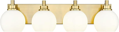 Bathroom Light Fixtures, 4 Light Brushed Gold Vanity Light, 26 Inch Modern Wall Sconces with Globe Milk White Glass Shade, Vanity Lighting Fixtures Over Mirror, VL195-BG-ML-4