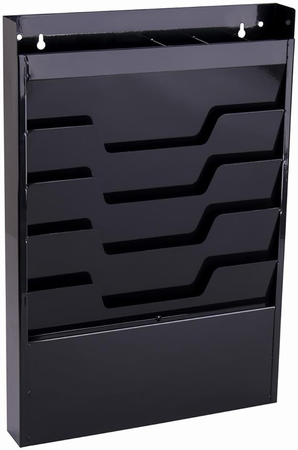 Displays2go Office Wall Rack for File Folder or Magazine, 4 Tier, Top Organizer (Black Powder Coated Steel)