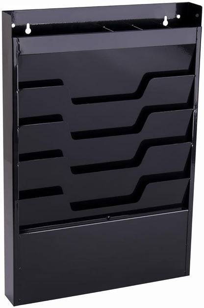 Displays2go Office Wall Rack for File Folder or Magazine, 4 Tier, Top Organizer (Black Powder Coated Steel)