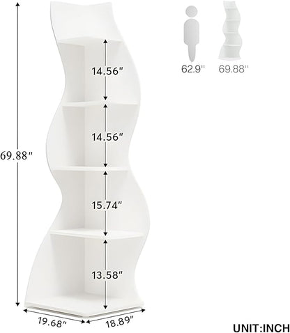 Arvolia 70 Inch Corner Bookshelf, Modern 5-Tier Small Bookshelf with Unique Curved Design, Freestanding Vertical Storage Shelf for Living Room, Bedroom or Home Office (White)