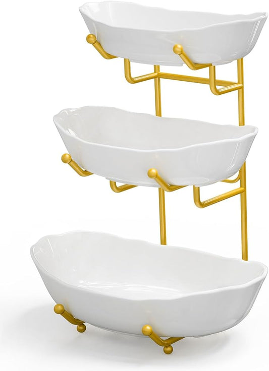SANYOUNG Fruit Bowl for Kitchen Counter, 3 Tier Ceramic Fruit Basket with Metal Stand, Tiered Fruits Stand for Countertop, Serving Bowls for Fruit Vegetable Snack Nuts (Gold, White)