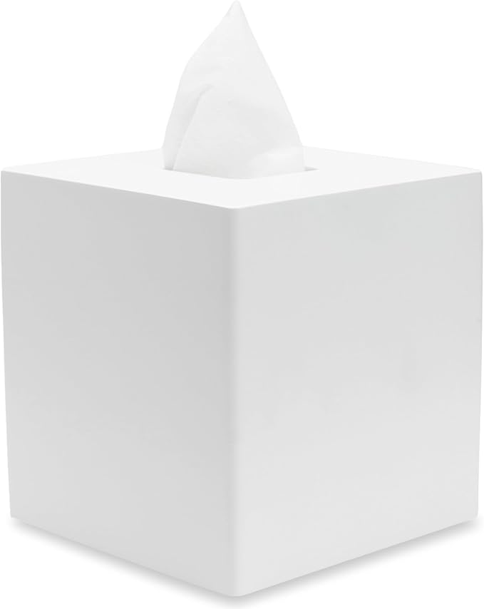 Yew Design Matte White Square Tissue Box Cover, Decorative Tissue Box Dispenser for Bathroom, Parlors, Office, Bedroom Dresser, Vanity Countertop, Nightstand, Car, and Desk