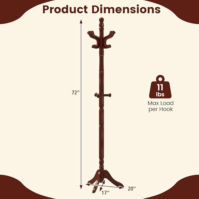 Giantex Solid Wood Coat Rack, Freestanding Hall Tree with 3 Adjustable Heights and 11 Hooks, Rubber Wood Frame, Entryway Hanger Stand, Wooden Garment Rack for Hallway, Living Room (Reddish Brown)
