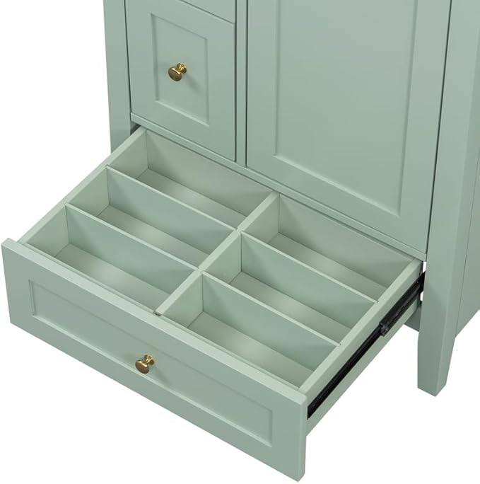 Merax 24 inch Bathroom Vanity with Drawers, Modern White Vanity for Small Bathroom with Adjustable Shelf & Removable Dividers, Easy to Clean Glossy Finish, Green