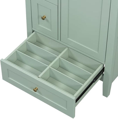 Merax 24 inch Bathroom Vanity with Drawers, Modern White Vanity for Small Bathroom with Adjustable Shelf & Removable Dividers, Easy to Clean Glossy Finish, Green
