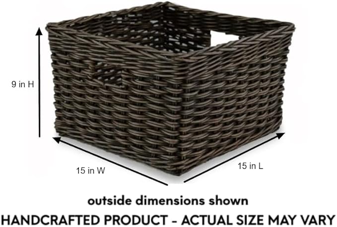 The Basket Lady Square Deep Wicker Storage Basket, Medium, 15 in L x 15 in W x 9 in H, Antique Walnut Brown