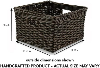 The Basket Lady Square Deep Wicker Storage Basket, Medium, 15 in L x 15 in W x 9 in H, Antique Walnut Brown