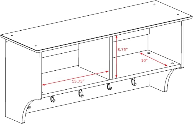Prepac 36" Contemporary Wall Mounted Coat Rack, Coat Hooks Wall Mount with 2 Shelves, Ideal for Hallway or Entryway Hanging Solution, 11.5"D x 36"W x 16.5"H, White
