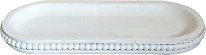 dwellington Wooden Farmhouse Decorative Tray, 12in Rustic Beaded Tray for Living Room Decor, Kitchen Table Décor, Oval Coffee Table Serving Tray (White)