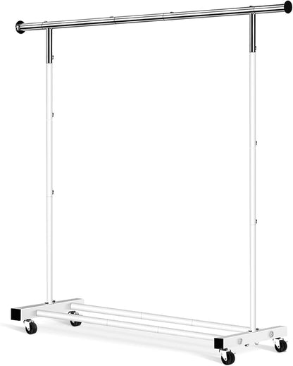Clothing Rack, 55.51 Inch Heavy Duty Clothes Rack Rolling Garment Rack with Wheels and Bottom Shelf, 130LB Capacity Clothes Racks for Hanging Clothes, Coats, Shirts, Sweaters, Skirts, White