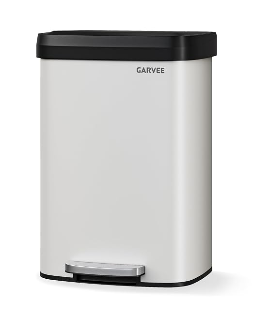 Garvee 13 gal / 50 L Metal Trash Can with Lid, Large Garbage Can for Kitchen, Rustproof Step-on Kitchen Metal Trash Bin with Liner Rim, Rear Handle, Soft Close Plastic Lid, White