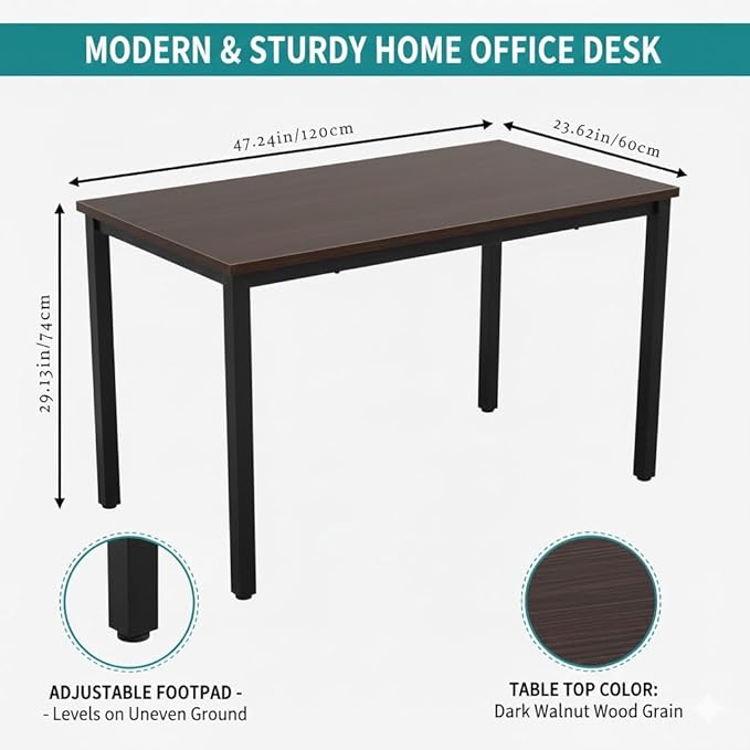 47 inch Large Computer Desk Wood, Modern Simple Style Desk for Home Office, Bedroom, Study Student Writing Desk, Small Spaces, Black Metal Frame, Dark Walnut Top
