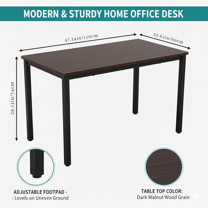 47 inch Large Computer Desk Wood, Modern Simple Style Desk for Home Office, Bedroom, Study Student Writing Desk, Small Spaces, Black Metal Frame, Dark Walnut Top