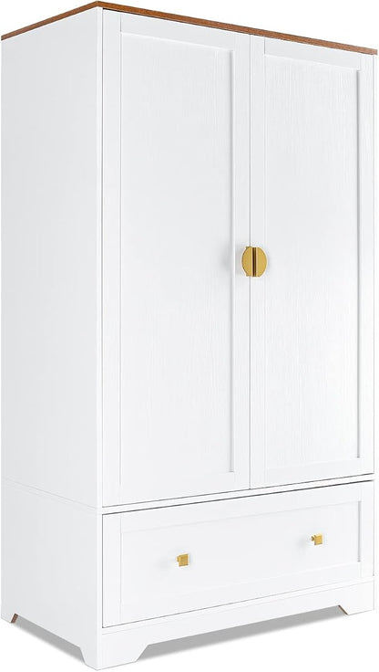 VINGLI 38" Wide Wardrobe Closet, White Armoire Wardrobe with Hanging Rod, Shelves and Drawer, Freestanding Closet Armoire Cabinet,Armoires and Wardrobes with Doors for Bedroom,Dorm,21"D x 38"W x 65"H