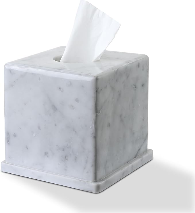 HAMAKAWA Natural Marble Tissue Box Cover, Carrara White Tissue Organizer 6 X 6 X 5.7 Inch, Heavy Stone Decorative Box, Square Tissue Box Holder for Home Decor, Kitchen, Bathroom, Bedroom